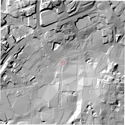 Shaded relief map of the ground around CV11FZ, computed from Environment Agency LiDAR. The ground here sits at about 80 m above sea level and falls 25 m across the surrounding 800 m. Surface water reaching this point runs off ground lying to the north-north-west, 23.4 m higher.