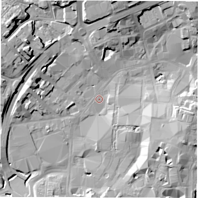 Shaded relief map of the ground around CV11GF, computed from Environment Agency LiDAR. The ground here sits at about 79 m above sea level and falls 19 m across the surrounding 800 m. Surface water reaching this point runs off ground lying to the south-east, 13.2 m higher.