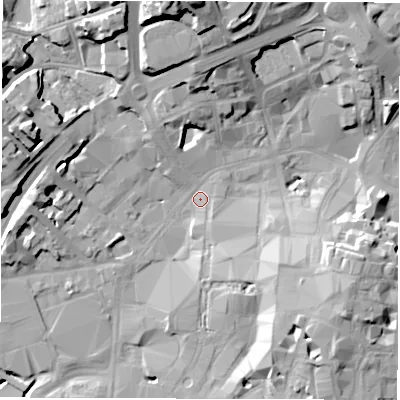 Shaded relief map of the ground around CV11GG, computed from Environment Agency LiDAR. The ground here sits at about 80 m above sea level and falls 25 m across the surrounding 800 m. Surface water reaching this point runs off ground lying to the north, 23.3 m higher.