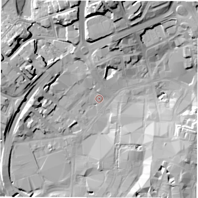 Shaded relief map of the ground around CV11GS, computed from Environment Agency LiDAR. The ground here sits at about 80 m above sea level and falls 25 m across the surrounding 800 m. Surface water reaching this point runs off ground lying to the north-north-west, 5.4 m higher.