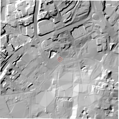 Shaded relief map of the ground around CV11GU, computed from Environment Agency LiDAR. The ground here sits at about 80 m above sea level and falls 27 m across the surrounding 800 m. Surface water reaching this point runs off ground lying to the north-north-west, 9.9 m higher.