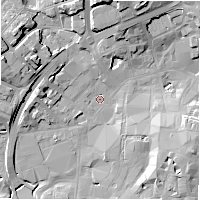 Shaded relief map of the ground around CV11GX, computed from Environment Agency LiDAR. The ground here sits at about 79 m above sea level and falls 24 m across the surrounding 800 m. Surface water reaching this point runs off ground lying to the north, 22.4 m higher.