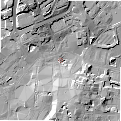 Shaded relief map of the ground around CV11HL, computed from Environment Agency LiDAR. The ground here sits at about 79 m above sea level and falls 25 m across the surrounding 800 m. Surface water reaching this point runs off ground lying to the south-south-east, 15.2 m higher.