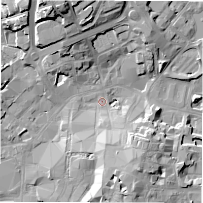 Shaded relief map of the ground around CV11HN, computed from Environment Agency LiDAR. The ground here sits at about 79 m above sea level and falls 25 m across the surrounding 800 m. Surface water reaching this point runs off ground lying to the south-south-east, 12.1 m higher.