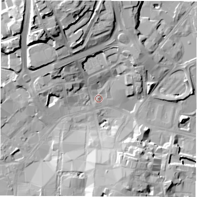 Shaded relief map of the ground around CV11HP, computed from Environment Agency LiDAR. The ground here sits at about 79 m above sea level and falls 27 m across the surrounding 800 m. Surface water reaching this point runs off ground lying to the north-north-west, 24.2 m higher.