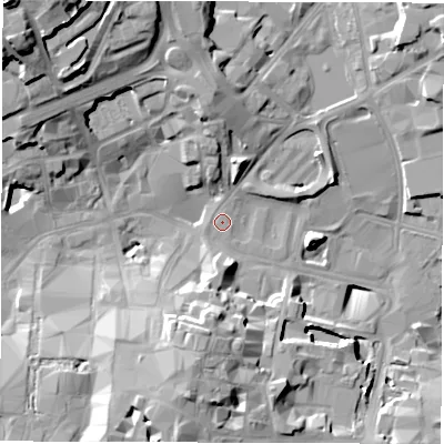 Shaded relief map of the ground around CV11JA, computed from Environment Agency LiDAR. The ground here sits at about 78 m above sea level and falls 30 m across the surrounding 800 m. Surface water reaching this point runs off ground lying to the north-west, 27.0 m higher.