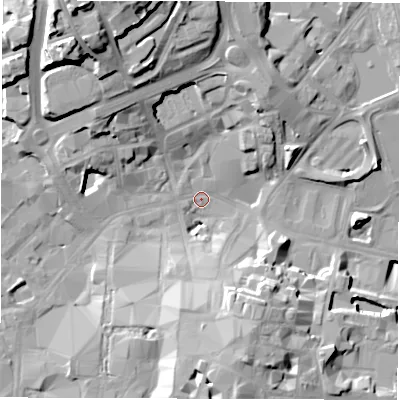 Shaded relief map of the ground around CV11JB, computed from Environment Agency LiDAR. The ground here sits at about 79 m above sea level and falls 30 m across the surrounding 800 m. Surface water reaching this point runs off ground lying to the north-north-west, 24.7 m higher.
