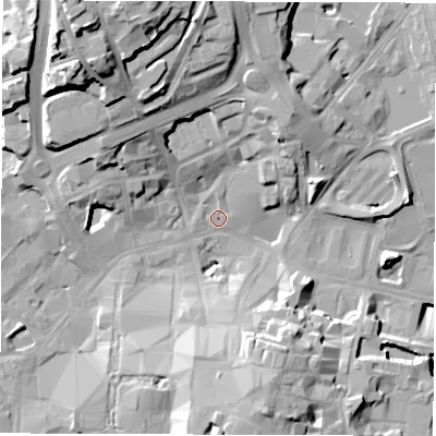 Shaded relief map of the ground around CV11JD, computed from Environment Agency LiDAR. The ground here sits at about 79 m above sea level and falls 31 m across the surrounding 800 m. Surface water reaching this point runs off ground lying to the north-west, 24.4 m higher.