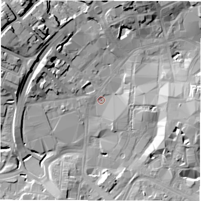 Shaded relief map of the ground around CV11NQ, computed from Environment Agency LiDAR. The ground here sits at about 79 m above sea level and falls 21 m across the surrounding 800 m. Surface water reaching this point runs off ground lying to the east-south-east, 14.0 m higher.