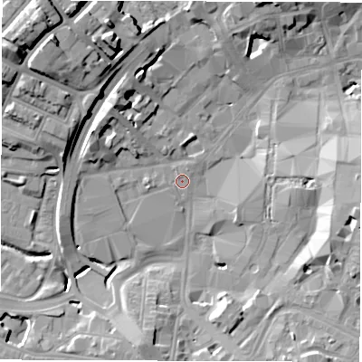 Shaded relief map of the ground around CV11PB, computed from Environment Agency LiDAR. The ground here sits at about 80 m above sea level and falls 22 m across the surrounding 800 m. Surface water reaching this point runs off ground lying to the east, 12.7 m higher.