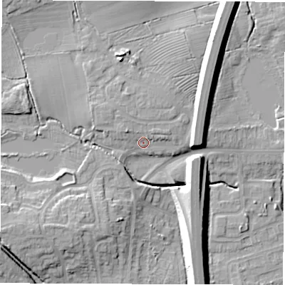 Shaded relief map of the ground around CV120AJ, computed from Environment Agency LiDAR. The ground here sits at about 104 m above sea level and falls 13 m across the surrounding 800 m. Surface water reaching this point runs off ground lying to the north-north-west, 2.2 m higher.