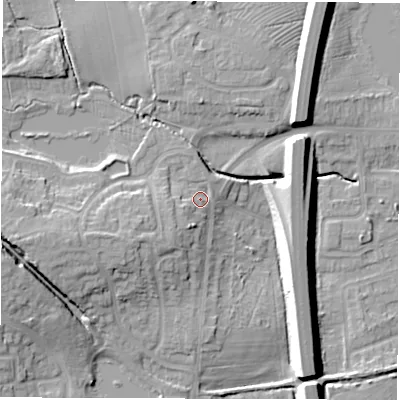 Shaded relief map of the ground around CV120AN, computed from Environment Agency LiDAR. The ground here sits at about 103 m above sea level and falls 14 m across the surrounding 800 m. Surface water reaching this point runs off ground lying to the south-west, 3.9 m higher.