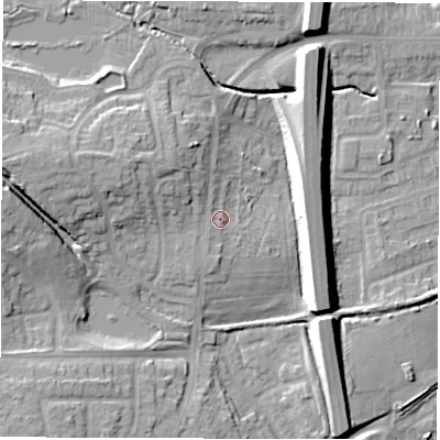 Shaded relief map of the ground around CV120AP, computed from Environment Agency LiDAR. The ground here sits at about 102 m above sea level and falls 15 m across the surrounding 800 m. Surface water reaching this point runs off ground lying to the west-north-west, 3.1 m higher.