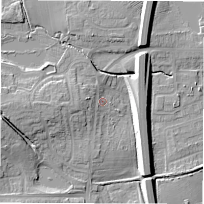 Shaded relief map of the ground around CV120AR, computed from Environment Agency LiDAR. The ground here sits at about 101 m above sea level and falls 13 m across the surrounding 800 m. Surface water reaching this point runs off ground lying to the west, 5.6 m higher.