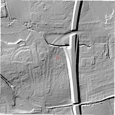Shaded relief map of the ground around CV120AS, computed from Environment Agency LiDAR. The ground here sits at about 100 m above sea level and falls 13 m across the surrounding 800 m. Surface water reaching this point runs off ground lying to the west-south-west, 9.3 m higher.