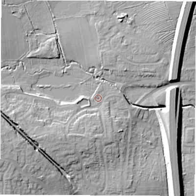 Shaded relief map of the ground around CV120AT, computed from Environment Agency LiDAR. The ground here sits at about 103 m above sea level and falls 15 m across the surrounding 800 m. Surface water reaching this point runs off ground lying to the south-west, 6.6 m higher.