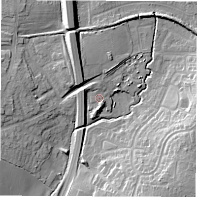 Shaded relief map of the ground around CV120BF, computed from Environment Agency LiDAR. The ground here sits at about 97 m above sea level and falls 18 m across the surrounding 800 m. Surface water reaching this point runs off ground lying to the north, 0.8 m higher.