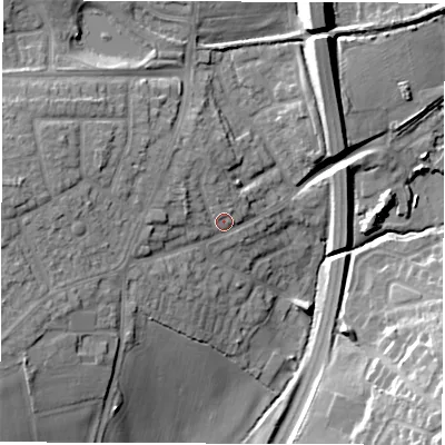 Shaded relief map of the ground around CV120BP, computed from Environment Agency LiDAR. The ground here sits at about 100 m above sea level and falls 15 m across the surrounding 800 m. Surface water reaching this point runs off ground lying to the north-west, 4.8 m higher.