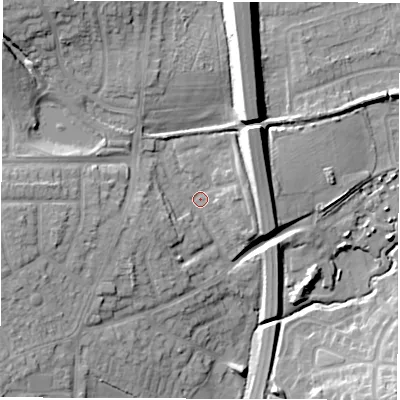 Shaded relief map of the ground around CV120BS, computed from Environment Agency LiDAR. The ground here sits at about 98 m above sea level and falls 16 m across the surrounding 800 m. Surface water reaching this point runs off ground lying to the north-west, 11.1 m higher.