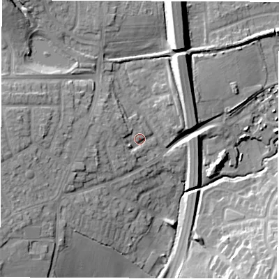 Shaded relief map of the ground around CV120BT, computed from Environment Agency LiDAR. The ground here sits at about 99 m above sea level and falls 15 m across the surrounding 800 m. Surface water reaching this point runs off ground lying to the west, 5.6 m higher.