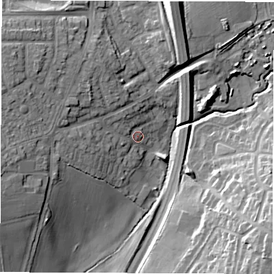 Shaded relief map of the ground around CV120BU, computed from Environment Agency LiDAR. The ground here sits at about 97 m above sea level and falls 18 m across the surrounding 800 m. Surface water reaching this point runs off ground lying to the west-north-west, 10.9 m higher.