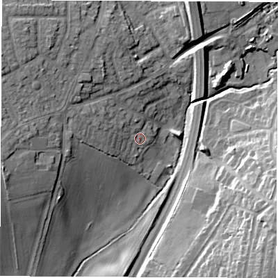 Shaded relief map of the ground around CV120BY, computed from Environment Agency LiDAR. The ground here sits at about 97 m above sea level and falls 18 m across the surrounding 800 m. Surface water reaching this point runs off ground lying to the west-north-west, 5.4 m higher.