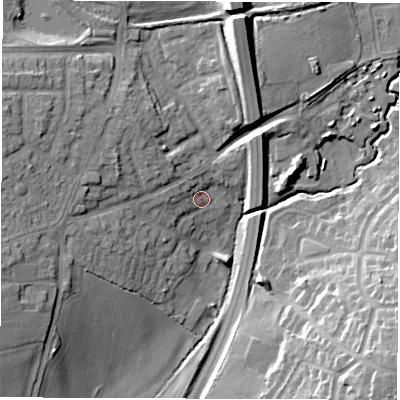 Shaded relief map of the ground around CV120BZ, computed from Environment Agency LiDAR. The ground here sits at about 97 m above sea level and falls 19 m across the surrounding 800 m. Surface water reaching this point runs off ground lying to the west-north-west, 8.5 m higher.