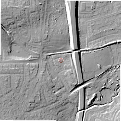 Shaded relief map of the ground around CV120DX, computed from Environment Agency LiDAR. The ground here sits at about 99 m above sea level and falls 16 m across the surrounding 800 m. Surface water reaching this point runs off ground lying to the east-south-east, 2.4 m higher.