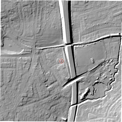Shaded relief map of the ground around CV120DY, computed from Environment Agency LiDAR. The ground here sits at about 100 m above sea level and falls 16 m across the surrounding 800 m. Surface water reaching this point runs off ground lying to the south-east, 2.5 m higher.