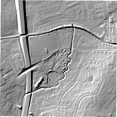 Shaded relief map of the ground around CV120FA, computed from Environment Agency LiDAR. The ground here sits at about 97 m above sea level and falls 18 m across the surrounding 800 m. Surface water reaching this point runs off ground lying to the west, 5.0 m higher.