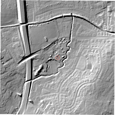Shaded relief map of the ground around CV120FB, computed from Environment Agency LiDAR. The ground here sits at about 96 m above sea level and falls 18 m across the surrounding 800 m. Surface water reaching this point runs off ground lying to the west-north-west, 5.1 m higher.