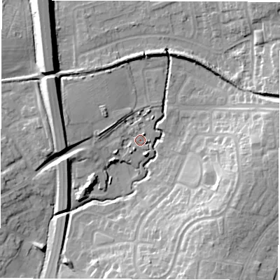 Shaded relief map of the ground around CV120FD, computed from Environment Agency LiDAR. The ground here sits at about 97 m above sea level and falls 18 m across the surrounding 800 m. Surface water reaching this point runs off ground lying to the north-north-east, 2.5 m higher.