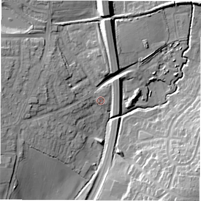 Shaded relief map of the ground around CV120PS, computed from Environment Agency LiDAR. The ground here sits at about 97 m above sea level and falls 18 m across the surrounding 800 m. Surface water reaching this point runs off ground lying to the north, 11.6 m higher.