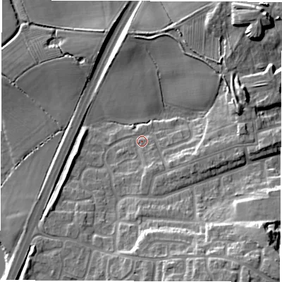 Shaded relief map of the ground around CV128BD, computed from Environment Agency LiDAR. The ground here sits at about 101 m above sea level and falls 15 m across the surrounding 800 m. Surface water reaching this point runs off ground lying to the east-north-east, 6.2 m higher.