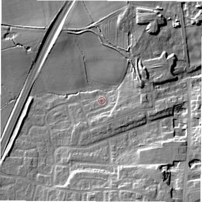 Shaded relief map of the ground around CV128BE, computed from Environment Agency LiDAR. The ground here sits at about 100 m above sea level and falls 18 m across the surrounding 800 m. Surface water reaching this point runs off ground lying to the east-north-east, 6.2 m higher.
