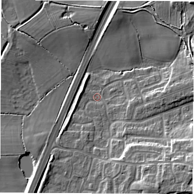 Shaded relief map of the ground around CV128DA, computed from Environment Agency LiDAR. The ground here sits at about 100 m above sea level and falls 14 m across the surrounding 800 m. Surface water reaching this point runs off ground lying to the south-east, 13.7 m higher.