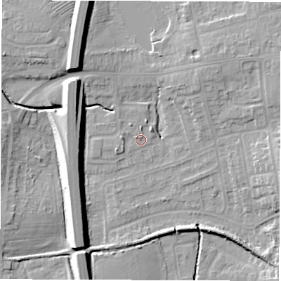 Shaded relief map of the ground around CV128PA, computed from Environment Agency LiDAR. The ground here sits at about 99 m above sea level and falls 13 m across the surrounding 800 m. Surface water reaching this point runs off ground lying to the west, 1.9 m higher.