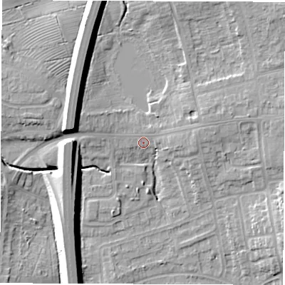 Shaded relief map of the ground around CV128QN, computed from Environment Agency LiDAR. The ground here sits at about 100 m above sea level and falls 12 m across the surrounding 800 m. Surface water reaching this point runs off ground lying to the east-north-east, 2.4 m higher.