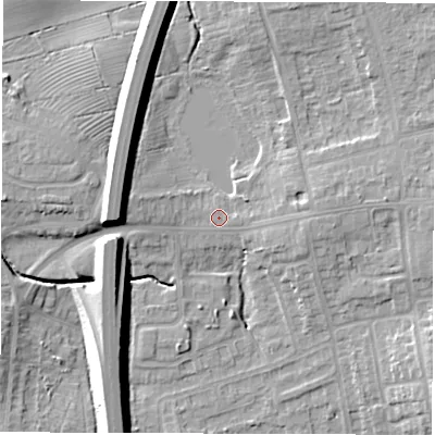 Shaded relief map of the ground around CV128QQ, computed from Environment Agency LiDAR. The ground here sits at about 100 m above sea level and falls 12 m across the surrounding 800 m. Surface water reaching this point runs off ground lying to the east, 2.5 m higher.