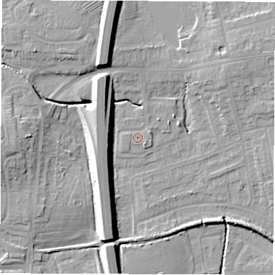 Shaded relief map of the ground around CV128QW, computed from Environment Agency LiDAR. The ground here sits at about 100 m above sea level and falls 13 m across the surrounding 800 m. Surface water reaching this point runs off ground lying to the east-north-east, 1.2 m higher.