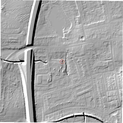 Shaded relief map of the ground around CV128RE, computed from Environment Agency LiDAR. The ground here sits at about 99 m above sea level and falls 13 m across the surrounding 800 m. Surface water reaching this point runs off ground lying to the north-west, 11.7 m higher.