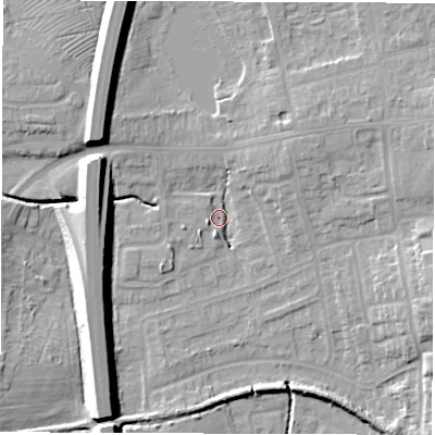 Shaded relief map of the ground around CV128RF, computed from Environment Agency LiDAR. The ground here sits at about 98 m above sea level and falls 13 m across the surrounding 800 m. Surface water reaching this point runs off ground lying to the north-west, 11.7 m higher.