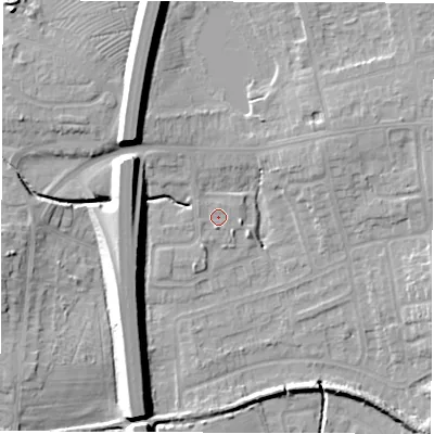 Shaded relief map of the ground around CV128RH, computed from Environment Agency LiDAR. The ground here sits at about 99 m above sea level and falls 13 m across the surrounding 800 m. Surface water reaching this point runs off ground lying to the west-north-west, 0.6 m higher.