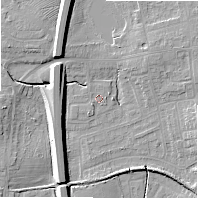 Shaded relief map of the ground around CV128RQ, computed from Environment Agency LiDAR. The ground here sits at about 99 m above sea level and falls 13 m across the surrounding 800 m. Surface water reaching this point runs off ground lying to the north-north-west, 1.3 m higher.