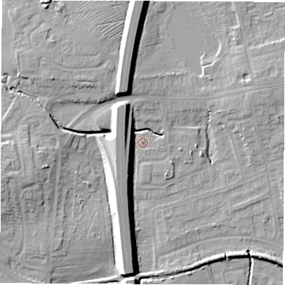 Shaded relief map of the ground around CV128RU, computed from Environment Agency LiDAR. The ground here sits at about 99 m above sea level and falls 13 m across the surrounding 800 m. Surface water reaching this point runs off ground lying to the north-north-west, 11.2 m higher.