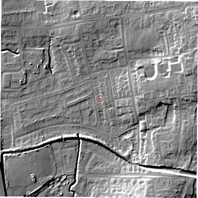 Shaded relief map of the ground around CV128SD, computed from Environment Agency LiDAR. The ground here sits at about 99 m above sea level and falls 16 m across the surrounding 800 m. Surface water reaching this point runs off ground lying to the north-east, 1.5 m higher.