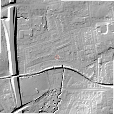 Shaded relief map of the ground around CV128SE, computed from Environment Agency LiDAR. The ground here sits at about 98 m above sea level and falls 15 m across the surrounding 800 m. Surface water reaching this point runs off ground lying to the north-west, 11.5 m higher.