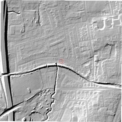 Shaded relief map of the ground around CV128SF, computed from Environment Agency LiDAR. The ground here sits at about 98 m above sea level and falls 16 m across the surrounding 800 m. Surface water reaching this point runs off ground lying to the east-north-east, 13.3 m higher.