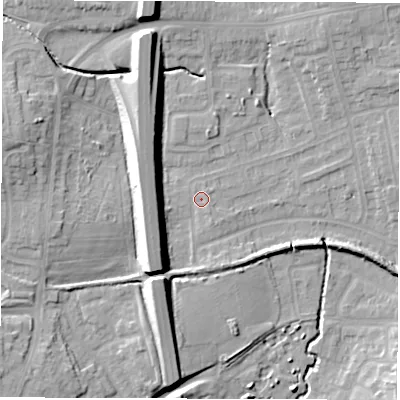 Shaded relief map of the ground around CV128SG, computed from Environment Agency LiDAR. The ground here sits at about 99 m above sea level and falls 14 m across the surrounding 800 m. Surface water reaching this point runs off ground lying to the west, 8.7 m higher.