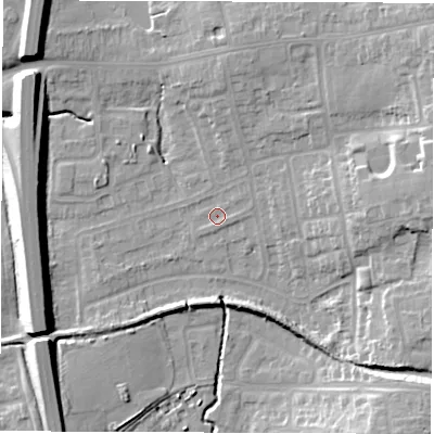 Shaded relief map of the ground around CV128SH, computed from Environment Agency LiDAR. The ground here sits at about 99 m above sea level and falls 14 m across the surrounding 800 m. Surface water reaching this point runs off ground lying to the east-south-east, 0.7 m higher.